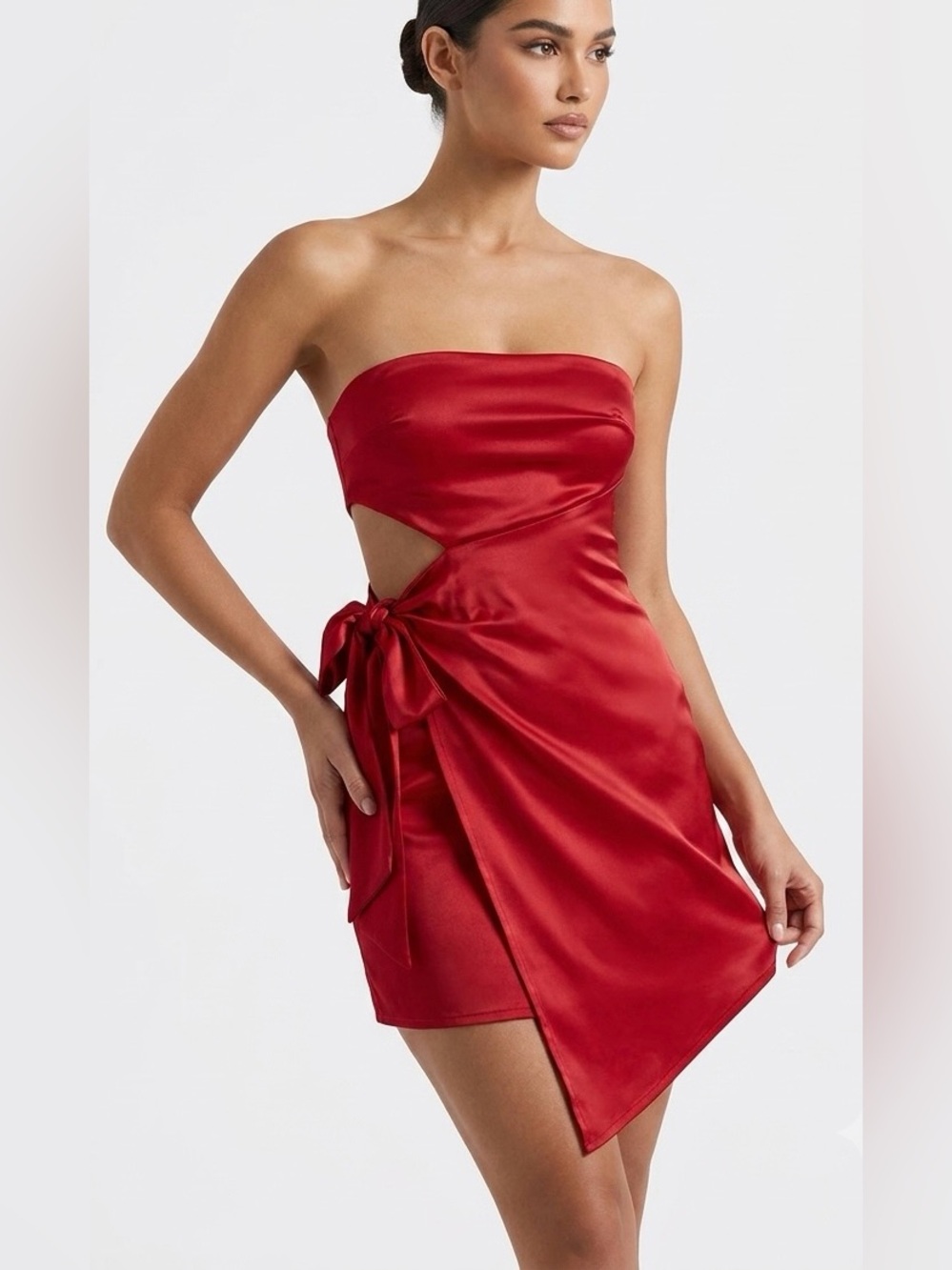 Saints +Secrets Strapless Red Satin Mini Dress with Side Tie Cutout